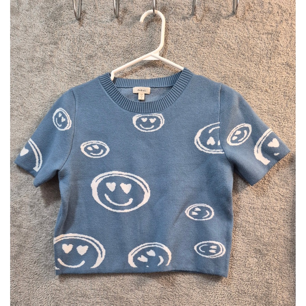 Debut Womens Blue Smiley Face Heart Eye Short Sleeve Knit Sweater Top Medium